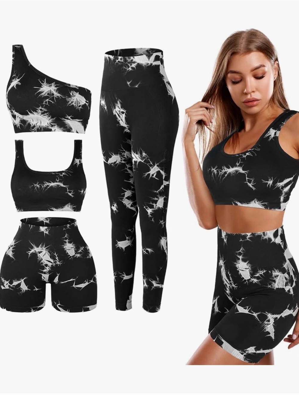 Black & White Tie-Dye Active Set - Sports Bra + Leggings/Shorts